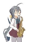  1girl ahoge bow bowtie ceroliz closed_eyes cowboy_shot grey_hair grey_legwear hair_between_eyes hair_bun halterneck highres instrument kantai_collection kiyoshimo_(kantai_collection) long_hair low_twintails pantyhose saxophone shirt simple_background solo twintails very_long_hair white_background white_shirt 