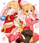  2girls ;p alternate_costume ascot ass bangs bare_shoulders black_footwear black_legwear black_skirt blonde_hair bow bowl box bra breasts buttons cake chocolate_cake commentary_request cream eyebrows_visible_through_hair flandre_scarlet food frilled_skirt frills fruit gift gift_box hair_ribbon hand_up heart highres holding holding_bowl holding_plate jumping long_sleeves looking_at_viewer midriff miniskirt multiple_girls navel off-shoulder_sweater one_eye_closed one_side_up panties panties_under_pantyhose pantyhose pink_legwear pink_sweater plate pleated_skirt pudding red_eyes red_footwear red_ribbon red_shirt red_skirt ribbed_sweater ribbon rumia shiron_(e1na1e2lu2ne3ru3) shirt shoes short_sleeves skirt small_breasts smile star strawberry sweater thigh-highs tongue tongue_out touhou underwear whisk white_background white_bra wings yellow_bow yellow_neckwear 