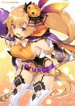  1girl armlet bare_shoulders belt blonde_hair blush bow bowtie breasts cape dragalia_lost elphyllis_(dragalia_lost) fang garter_straps gauntlets gloves hair_ornament hair_ribbon jack-o&#039;-lantern jack-o&#039;-lantern_hair_ornament long_hair medium_breasts open_mouth ponytail ribbon sideboob solo standing star super_zombie thigh-highs violet_eyes 