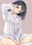  1girl arm_up bangs black_hair blue_eyes closed_mouth collarbone dress_shirt glasses grey_background hand_in_hair indian_style looking_at_viewer loose_clothes loose_shirt naked_shirt on_bed original rimless_eyewear school_uniform shirt simple_background sitting smile solo tsurugi_hagane 
