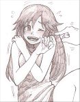  1girl :d bangs bare_arms blush commentary eyebrows_visible_through_hair fangs fingernails greyscale haiokumantan_c hands highres himekawa_yuki idolmaster idolmaster_cinderella_girls laughing long_hair looking_to_the_side monochrome nose_blush one_eye_closed open_mouth pointing short_shorts shorts sketch smile tank_top traditional_media upper_body white_background 