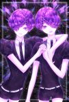  2others amethyst_(houseki_no_kuni) androgynous arm_around_shoulder braid colored_eyelashes crystal_hair esol_98 gem_uniform_(houseki_no_kuni) hair_over_one_eye hand_holding highres houseki_no_kuni looking_at_viewer multiple_others necktie purple_hair siblings smile twins violet_eyes white_skin 