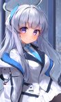  1girl absurdres blue_archive blunt_bangs blush breasts commentary grey_hair hair_ornament halo highres id_card jacket looking_at_viewer mechanical_halo medium_breasts necktie noa_(blue_archive) school_uniform shumai_il smile solo uniform violet_eyes white_hair window 