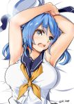  armpits arms_up bed blue_eyes blue_hair breasts double_bun eyebrows_visible_through_hair hat hat_removed headwear_removed kantai_collection large_breasts lingerie_(aki3240) neckerchief open_mouth sailor_hat school_uniform serafuku sleeves_rolled_up twitter_username urakaze_(kantai_collection) white_hat 