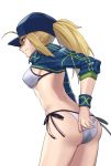  1girl ahoge artoria_pendragon_(all) ass back bare_back baseball_cap bikini blonde_hair blue_eyes blue_hat blue_ribbon breasts closed_mouth commentary_request cowboy_shot fate/grand_order fate_(series) from_behind hair_between_eyes hat highres leaning_forward lip-mil long_hair medium_breasts mysterious_heroine_xx_(foreigner) ponytail profile ribbon shrug_(clothing) side-tie_bikini sideboob sidelocks smile solo sweatband swimsuit white_bikini 
