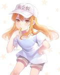  1girl blonde_hair brown_eyes brown_shorts character_name floating_hair hair_between_eyes hand_on_hip hat hataraku_saibou highres leaning_forward long_hair platelet_(hataraku_saibou) shirt short_shorts short_sleeves shorts simple_background solo soyubee standing star whistle white_background white_hat white_shirt 