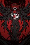  1girl bird black_hair black_wings commentary english_commentary highres iralion open_mouth original red_background tagme wings 