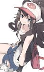  1girl bag baseball_cap blue_eyes blush brown_hair creatures_(company) game_freak half-closed_eyes hat huanxiang_huifeng nintendo pokemon pokemon_(game) pokemon_bw ponytail shirt shorts simple_background sitting sleeveless smile solo touko_(pokemon) vest white_background white_shirt 