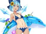  1girl arched_back ass_visible_through_thighs bangs bare_shoulders bikini blue_bikini blue_bow blue_eyes blue_hair blue_wings bow breasts cirno collarbone cowboy_shot flower hair_between_eyes hair_bow hair_flower hair_ornament halterneck ice ice_wings inflatable_dolphin inflatable_toy looking_at_viewer morning_glory nabeshima_tetsuhiro navel one-piece_tan ribs simple_background skinny small_breasts smile solo sunflower sunflower_hair_ornament swimsuit tan tanline tanned_cirno touhou white_background wings 