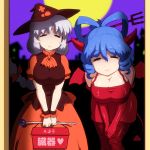  2girls bangs bare_shoulders blue_hair blurry blurry_background bow braid brown_hat brown_shirt closed_eyes closed_mouth commentary_request demon_girl demon_horns demon_tail demon_wings depth_of_field dress elbow_gloves eyebrows_visible_through_hair facing_viewer fishnet_pantyhose fishnets full_moon gloves hair_between_eyes hair_bow hair_ornament halloween hands_on_legs hat holding horns kaku_seiga leaning_forward long_hair moon multiple_girls orange_bow orange_dress pantyhose polearm puffy_short_sleeves puffy_sleeves red_dress red_gloves red_legwear red_wings ringlets shirosato shirt short_sleeves silver_hair single_braid sleeveless sleeveless_dress sleeveless_shirt smile tail touhou trident v_arms very_long_hair weapon wings witch_hat wrist_cuffs yagokoro_eirin 