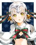  1girl bell black_bikini_top breasts capelet cleavage eyebrows_visible_through_hair fate/grand_order fate_(series) floating_hair fur_trim headpiece jeanne_d&#039;arc_(fate)_(all) jeanne_d&#039;arc_alter_santa_lily koujira long_hair looking_at_viewer midriff open_mouth ponytail silver_hair small_breasts solo stomach upper_body very_long_hair white_capelet yellow_eyes 