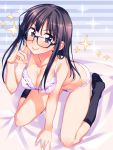  1girl aoki_midori bangs black-framed_eyewear black_hair black_legwear blush bra breasts cleavage closed_mouth collarbone eyebrows_visible_through_hair glasses hand_up highres kneehighs kneeling long_hair looking_at_viewer medium_breasts navel nee-chan_wa_takashi_no_koto_ga_suki_da_suki_da_daisuki_da!! panties smile solo thighs underwear underwear_only violet_eyes white_bra white_panties yuuki_keisuke 