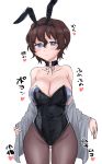  1girl absurdres akaboshi_koume animal_ears bare_shoulders black_choker black_legwear black_leotard blue_eyes blush breasts brown_hair bunnysuit choker cleavage closed_mouth commentary cowboy_shot curvy fake_animal_ears fishnet_pantyhose fishnets girls_und_panzer grey_shirt groin half-closed_eyes heart highres lace-up large_breasts leotard looking_at_viewer off_shoulder open_clothes open_shirt pantyhose rabbit_ears shirt short_hair simple_background smile solo standing strapless strapless_leotard thighs toku_(yhpv8752) undressing wavy_hair white_background white_pupils wide_hips 