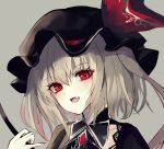  1girl :d bangs beckzawachi black_hat blonde_hair brooch commentary_request eyebrows_visible_through_hair fang fingernails flandre_scarlet grey_background hair_between_eyes hand_up hat hat_ribbon jewelry long_hair looking_at_viewer mob_cap nail_polish one_side_up open_mouth portrait red_eyes red_nails red_ribbon ribbon sharp_fingernails simple_background smile solo touhou 