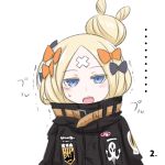  ... 1girl abigail_williams_(fate/grand_order) bangs black_bow black_jacket blonde_hair blue_eyes blush bow colored_eyelashes crossed_bandaids eyebrows_visible_through_hair fate/grand_order fate_(series) hair_bow hair_bun heroic_spirit_traveling_outfit jacket key leaning_to_the_side long_hair long_sleeves looking_at_viewer neon-tetora object_hug open_mouth orange_bow parted_bangs simple_background sleeves_past_fingers sleeves_past_wrists solo star stuffed_animal stuffed_toy teddy_bear trembling upper_body upper_teeth white_background 