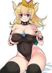  1girl :p bangs bare_arms bare_hips bare_shoulders bed_sheet black_collar black_legwear black_leotard blue_eyes blush borrowed_design bowsette bracelet breasts cleavage collar collarbone commentary_request covered_navel crown forked_eyebrows groping hands_up high_ponytail highleg highleg_leotard highres hip_bones horns jewelry large_breasts leotard long_hair looking_at_viewer super_mario_bros. new_super_mario_bros._u_deluxe nintendo ruri_rarako sapphire_(stone) simple_background sitting solo spiked_armlet spiked_bracelet spiked_collar spikes strapless strapless_leotard super_crown thick_eyebrows thigh-highs tilted_headwear tongue tongue_out turtle_shell v-shaped_eyebrows white_background 