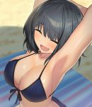  1girl :d ^_^ armpits arms_up bangs beach bikini black_hair blue_bikini blush breasts cccpo cleavage closed_eyes closed_eyes day eyebrows_visible_through_hair front-tie_bikini front-tie_top large_breasts open_mouth original outdoors smile solo swimsuit upper_body 