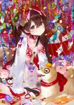  1girl 2018 animal_ears bell blush bow brown_eyes brown_hair butterfly_sitting calligraphy_brush choker detached_collar dog dog_ears dog_tail facial_mark floral_print food fruit grin hair_between_eyes hair_bow hanetsuki happy_new_year highres holding holding_umbrella japanese_clothes jingle_bell long_hair long_sleeves looking_at_viewer mandarin_orange new_year oriental_umbrella original paintbrush paw_print sandals see-through shiba_inu sitting smile solo spinning_top tail tareme tonito translated twintails umbrella whisker_markings 