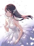  1girl blue_eyes breasts brown_hair cleavage collarbone dress floating_hair highres long_dress long_hair looking_at_viewer medium_breasts original parted_lips petals sleeveless sleeveless_dress solo soyubee wedding_dress white_background white_dress 