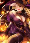  1girl azur_lane belt blonde_hair blush bouncing_breasts breasts brown_eyes cleavage commentary_request covered_nipples detached_sleeves hat jack-o&#039;-lantern jewelry kirome_(kamipaper) large_breasts long_hair necklace nelson_(azur_lane) one_eye_closed open_mouth pantyhose smile solo sweatdrop twintails unaligned_breasts vial witch_hat 