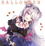  1girl :d bangs bare_shoulders black_gloves blue_dress blue_eyes blush breasts chains cleavage commentary criss-cross_halter double_bun dress earrings elbow_gloves eyeball eyebrows_visible_through_hair fang fishnets girls_frontline gloves hair_between_eyes halloween halterneck hands_up heart heterochromia horns jewelry long_hair looking_at_viewer low_wings mdr_(girls_frontline) medium_breasts melings_(aot2846) mini_wings multicolored_hair open_mouth pink_wings pleated_dress pointy_ears purple_hair side_bun silver_hair simple_background single_glove smile solo streaked_hair very_long_hair violet_eyes white_background wings 