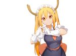  1girl absurdres bangs blonde_hair bow deatheach dragon_horns eyebrows_visible_through_hair frilled_gloves frilled_sleeves frills gloves gradient_hair heart heart_hands highres horns kobayashi-san_chi_no_maidragon long_hair looking_at_viewer maid maid_headdress multicolored_hair orange_eyes orange_hair puffy_short_sleeves puffy_sleeves red_bow short_sleeves sidelocks smile solo tooru_(maidragon) twintails very_long_hair white_background white_gloves 