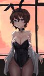 1girl absurdres akaboshi_koume animal_ears bare_shoulders black_choker black_legwear black_leotard blue_eyes blush breasts brown_hair bunnysuit choker cleavage closed_mouth clouds cloudy_sky cowboy_shot curvy fake_animal_ears fishnet_pantyhose fishnets girls_und_panzer grey_shirt groin half-closed_eyes highres indoors lace-up large_breasts leotard looking_at_viewer off_shoulder open_clothes open_shirt orange_sky pantyhose rabbit_ears shirt short_hair sky smile solo standing strapless strapless_leotard thighs toku_(yhpv8752) undressing wavy_hair white_pupils wide_hips window 