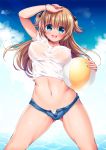  1girl :d arm_up ass_visible_through_thighs ball beachball blue_eyes blush bracelet breasts brown_hair commentary_request covered_nipples day eyes_visible_through_hair head_tilt holding jewelry legs_apart long_hair medium_breasts navel open_mouth original outdoors revision ruri_rarako shirt short_shorts shorts smile solo standing sunlight sweat two_side_up wet wet_clothes wet_shirt white_shirt 