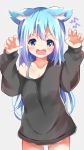  1girl animal_ears black_sweater blue_eyes blue_hair claw_pose d: fang furrowed_eyebrows gradient_hair light_blue_hair long_hair long_sleeves multicolored_hair nagomi_yayado naked_sweater no_pants off_shoulder open_mouth original roaring sweater wolf_ears 