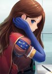  1girl blue_eyes blue_gloves brown_hair cape elbow_gloves fate/grand_order fate_(series) fountain_pen from_side gloves hair_tucking highres leonardo_da_vinci_(fate/grand_order) long_hair looking_at_viewer pen ranma_(kamenrideroz) red_cape smile solo upper_body 