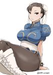  1girl arakure blue_dress boots bracelet breasts brown_eyes brown_hair brown_legwear capcom china_dress chinese_clothes chun-li commentary_request cover cross-laced_footwear double_bun dress earrings eyeshadow hair_bun jewelry lace-up_boots large_breasts makeup pantyhose pixiv puffy_short_sleeves puffy_sleeves short_sleeves sitting solo spiked_bracelet spikes street_fighter thick_thighs thighs white_background white_footwear 