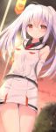  1girl bangs bare_shoulders black_shirt blurry blurry_background blush breasts closed_mouth clouds collared_shirt commentary_request depth_of_field detached_sleeves eyebrows_visible_through_hair flag hair_between_eyes highres isla_(plastic_memories) jacket kouda_suzu lamppost long_hair necktie outdoors plastic_memories pleated_skirt purple_hair red_eyes red_neckwear shirt skirt sky sleeveless_jacket small_breasts smile solo standing sunset thigh_gap twintails white_jacket white_skirt white_sleeves 