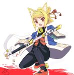  &gt;:o 1girl 7th_dragon 7th_dragon_(series) animal_ear_fluff animal_ears ankle_ribbon bangs bell blonde_hair blue_hair blush bodysuit commentary eyebrows_visible_through_hair fox_ears full_body green_eyes hair_ornament jingle_bell katana looking_at_viewer mary_janes namuna_(7th_dragon) naradakou one_knee red_eyes ribbon samurai_(7th_dragon) sheath shoes solo swept_bangs sword unsheathing weapon white_background 