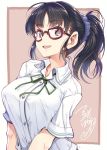 1girl artist_name bangs blouse breasts brown_hair dated eyebrows_visible_through_hair glasses hair_ornament hair_scrunchie large_breasts open_mouth original ponytail school_uniform scrunchie short_sleeves signature smile solo teeth tsurugi_hagane white_blouse 