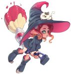  1girl boots broom broom_riding cat dress flying full_body green_eyes hat highres kojajji-kun_(splatoon) long_sleeves nintendo octarian octoling open_mouth pointy_ears redhead rno71 simple_background solo splatoon splatoon_2 tentacle_hair white_background witch witch_hat 