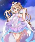  1girl :d arm_strap barefoot blue_sky bow bowtie brown_hair bunbun_(midukikome) clouds feathered_wings floating_hair flower grey_ribbon hair_bow hair_ornament hair_ribbon head_tilt highres holding holding_hair layered_skirt leg_up long_hair looking_at_viewer love_live! love_live!_school_idol_project microphone minami_kotori miniskirt open_mouth pink_flower ribbon shirt skirt sky sleeveless sleeveless_shirt smile solo standing standing_on_one_leg star_(sky) starry_sky striped striped_bow thigh_ribbon thigh_strap very_long_hair white_bow white_ribbon white_shirt white_wings wings yellow_eyes 