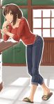  1girl artist_name belt blush breasts brown_eyes brown_hair chin_rest collarbone counter dated denim full_body highres jeans kanji_(white7night) looking_at_viewer medium_breasts original pants ponytail sandals shirt short_hair signature smile solo standing 