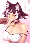  1girl :3 animal_ear_fluff animal_ears artist_name bare_shoulders bell bell_collar black_hair blue_eyes blush breasts cat_ears collar collarbone commentary eyebrows_visible_through_hair gradient gradient_background heterochromia highres jingle_bell kat_(mazume) large_breasts mazume multicolored_hair original pink_background short_hair signature simple_background solo_focus strap_slip studded_collar two-tone_hair upper_body white_hair yellow_eyes 