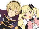  1boy 1girl :o ai-wa bangs black_bow black_hairband black_jacket blonde_hair bow brother_and_sister cape closed_mouth elise_(fire_emblem_if) eyebrows_behind_hair fire_emblem fire_emblem_if flower hair_between_eyes hair_bow hairband jacket leon_(fire_emblem_if) light_frown long_hair multicolored_hair nintendo open_mouth pink_bow purple_cape purple_hair rose shirt siblings simple_background streaked_hair turtleneck twintails upper_teeth violet_eyes white_background white_flower white_rose white_shirt 