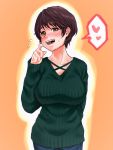 1girl :d blue_pants blush breasts brown_eyes brown_hair commentary_request ear_blush eyebrows_visible_through_hair finger_to_cheek flying_sweatdrops green_sweater haiokumantan_c heart highres idolmaster idolmaster_cinderella_girls large_breasts long_sleeves looking_at_viewer nose_blush oikawa_shizuku open_mouth orange_background pants ribbed_sweater short_hair sleeves_past_wrists smile solo spoken_heart sweatdrop sweater upper_body 