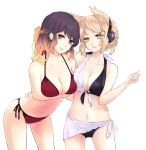  2girls alternate_hairstyle bangs bare_arms bare_legs bare_shoulders bikini black_bikini blonde_hair braid breast_hold breasts cleavage closed_mouth collarbone commentary_request cowboy_shot french_braid front-tie_bikini front-tie_top gradient_hair hand_on_another&#039;s_back headphones hijiri_byakuren large_breasts leaning_forward lips long_hair looking_at_viewer mayoln multicolored multicolored_bikini multicolored_clothes multicolored_hair multiple_girls navel pointy_hair ponytail purple_hair red_bikini sarong side-tie_bikini simple_background swimsuit touhou toyosatomimi_no_miko violet_eyes white_background white_bikini yellow_eyes 