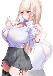  1girl bangs blonde_hair blunt_bangs blush bracelet breasts bursting_breasts cleavage collarbone ear_piercing earrings grey_skirt heart heart_earrings highres hips huge_breasts jewelry long_hair looking_down miniskirt nanae open_mouth original piercing pleated_skirt red_eyes simple_background skirt solo thigh-highs thighs white_background 