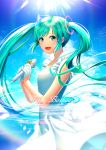  1girl :d akatsuki_(kuon) aqua_hair bangs blue_sky day dress floating_hair gloves green_eyes half_gloves happy_birthday hatsune_miku highres holding holding_microphone long_hair looking_at_viewer microphone open_mouth outdoors sky sleeveless sleeveless_dress smile solo standing sunlight swept_bangs tears very_long_hair vocaloid white_dress white_gloves 