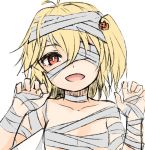  1girl bandage bandage_over_one_eye bandaged_arm bandaged_head bandaged_neck bandages bangs bare_shoulders blonde_hair breasts claw_pose collarbone commentary_request eyebrows_visible_through_hair flandre_scarlet hair_between_eyes hair_ornament hands_up jack-o&#039;-lantern jack-o&#039;-lantern_hair_ornament looking_at_viewer miyo_(ranthath) mummy_costume naked_bandage no_hat no_headwear one_side_up open_mouth red_eyes sarashi short_hair simple_background small_breasts smile solo touhou upper_body white_background 