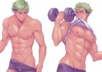  1boy abs adonis_belt dark_skin dark_skinned_male ear_piercing green_hair king_of_prism_by_prettyrhythm male_focus mouth_hold multicolored_hair navel nipples piercing pretty_rhythm shirt_lift simple_background solo toroi_(run01211) two-tone_hair violet_eyes weightlifting weights white_background yamato_alexander 