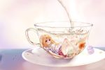  1girl absurdres anklet cup flower hair_between_eyes highres jcj0125 jewelry long_hair original pouring red_eyes saucer skirt smile solo submerged teacup very_long_hair white_background 