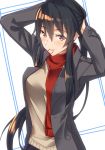  1girl black_hair black_jacket blush breasts grey_shirt hair_between_eyes hair_tie jacket kantai_collection large_breasts long_hair looking_at_viewer mouth_hold open_clothes open_jacket pallad ponytail red_eyes red_scarf scarf shirt sidelocks simple_background smile solo tying_hair upper_body very_long_hair white_background yahagi_(kantai_collection) 