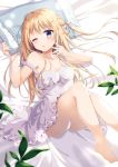  1girl absurdres barefoot bed blonde_hair blue_eyes blush dress hair_ribbon highres long_hair lying on_back on_bed one_eye_closed one_side_up original pillow ribbon siooooono solo white_dress 