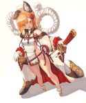  1girl :d animal_ears bangs bare_legs bare_shoulders blonde_hair blunt_bangs breasts brown_eyes detached_sleeves dog_ears erune eyebrows_visible_through_hair foreshortening full_body geta granblue_fantasy highres hips japanese_clothes katana looking_at_viewer moutama no_panties open_mouth pelvic_curtain rope sheath shimenawa short_hair sideboob smile solo standing sword vajra_(granblue_fantasy) weapon white_background wide_sleeves 