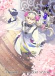  1girl barefoot black_gloves braid cherry_blossoms female_my_unit_(fire_emblem_if) fire_emblem fire_emblem_cipher fire_emblem_if flower from_above full_body gloves hair_flower hair_ornament hairband japanese_clothes kimono long_hair looking_at_viewer my_unit_(fire_emblem_if) nintendo official_art open_mouth silver_hair solo standing violet_eyes watermark wide_sleeves yugyouji_tama 